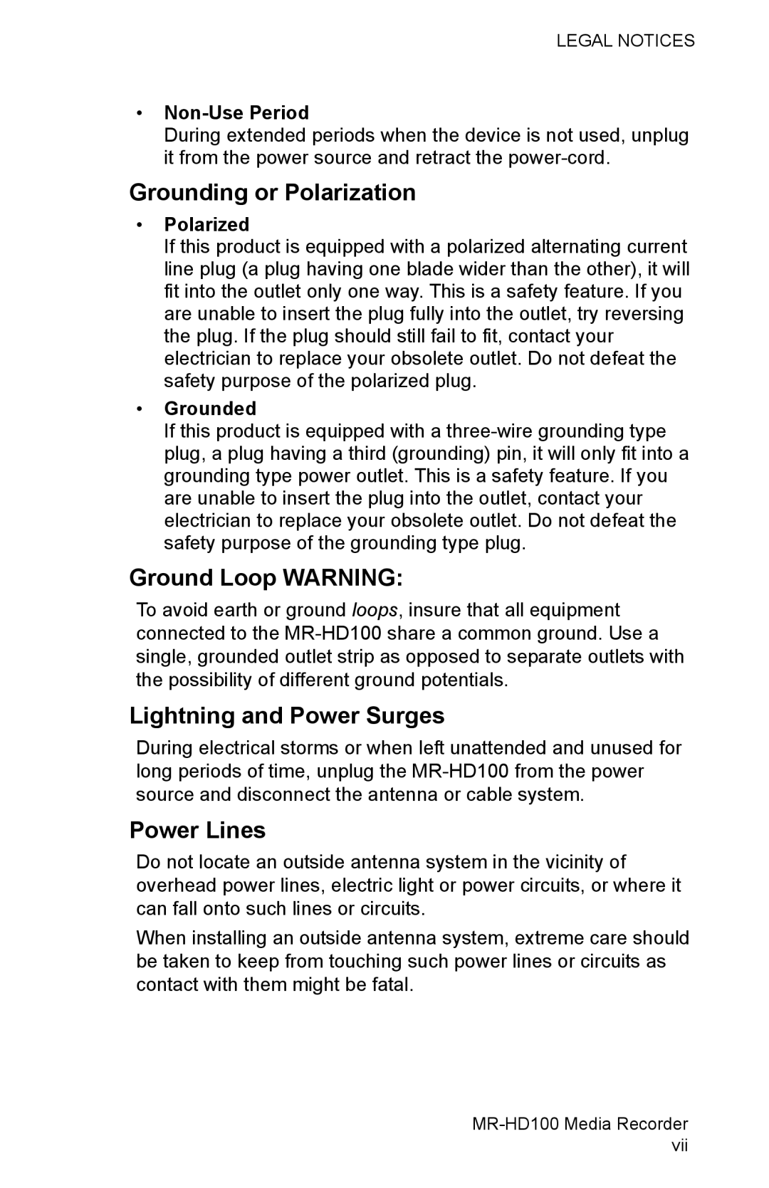 FOCUS Enhancements MR-HD100 manual Grounding or Polarization, Ground Loop Warning, Lightning and Power Surges, Power Lines 