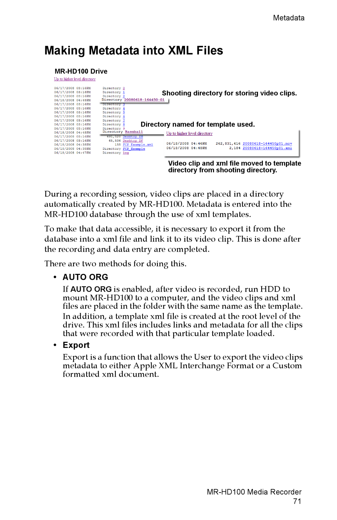 FOCUS Enhancements MR-HD100 manual Making Metadata into XML Files, Export 