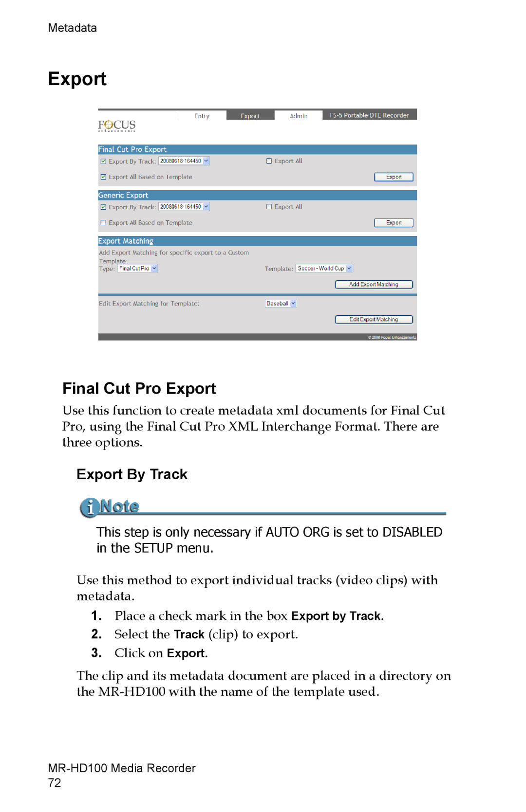 FOCUS Enhancements MR-HD100 manual Final Cut Pro Export, Export By Track 