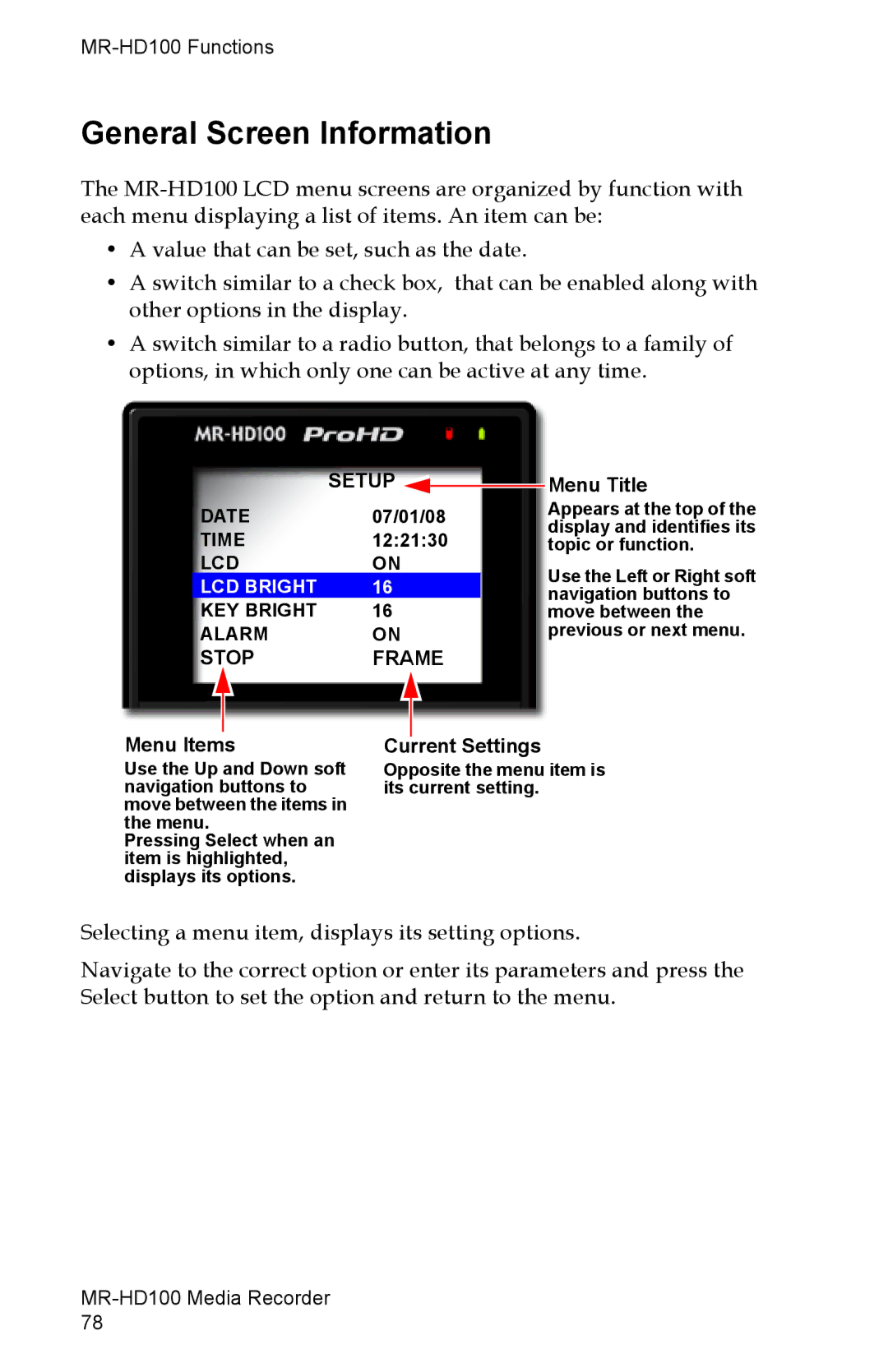 FOCUS Enhancements MR-HD100 manual General Screen Information, Setup Menu Title, Menu Items, Current Settings 