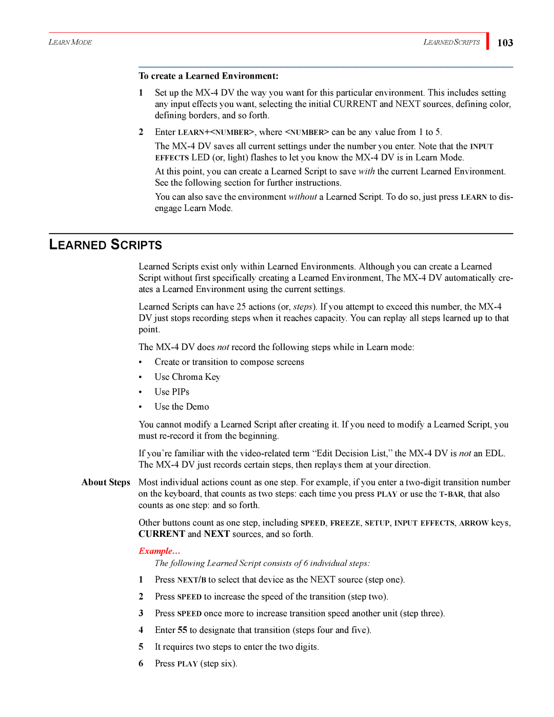 FOCUS Enhancements MX-4DV manual Learned Scripts, 103, To create a Learned Environment 