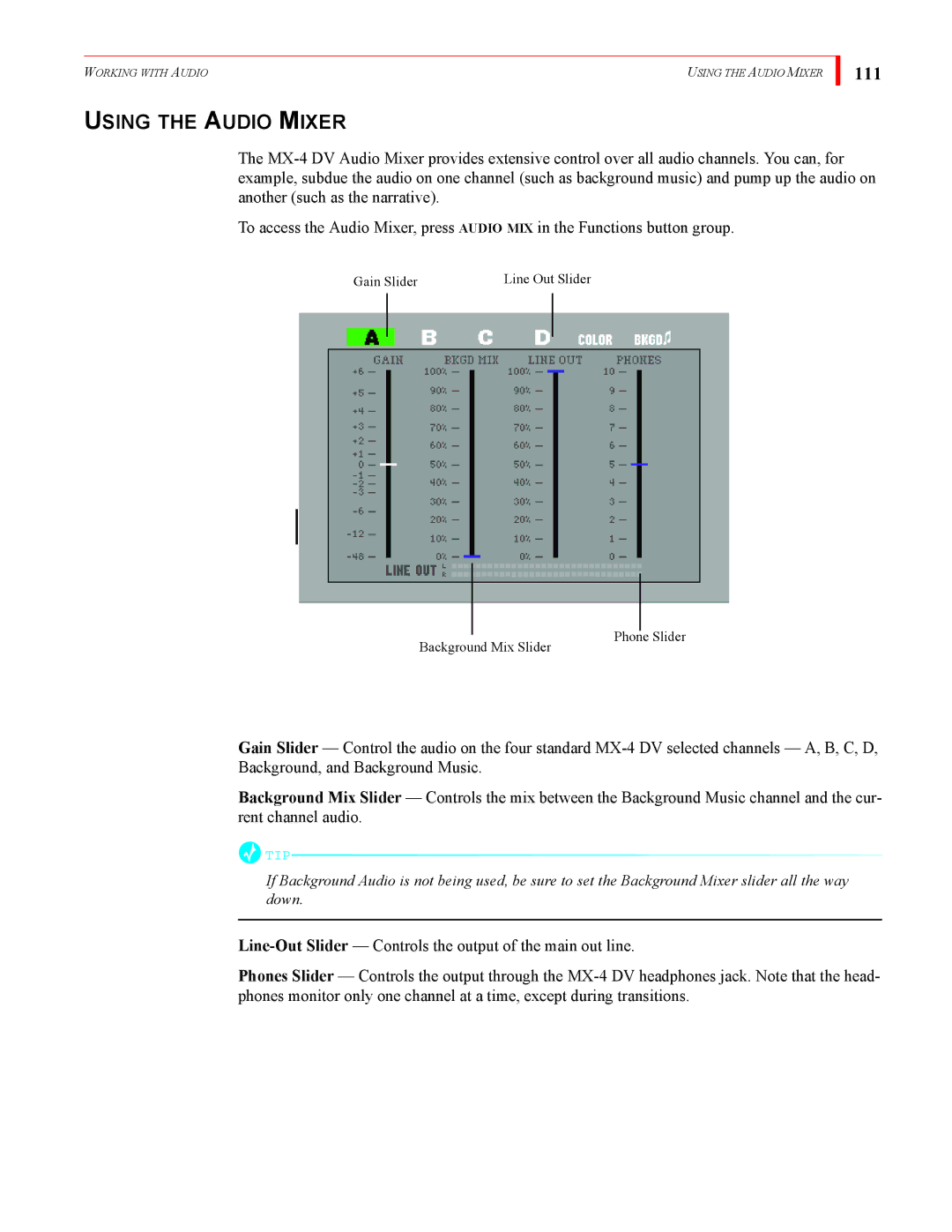 FOCUS Enhancements MX-4DV manual Using the Audio Mixer, 111 