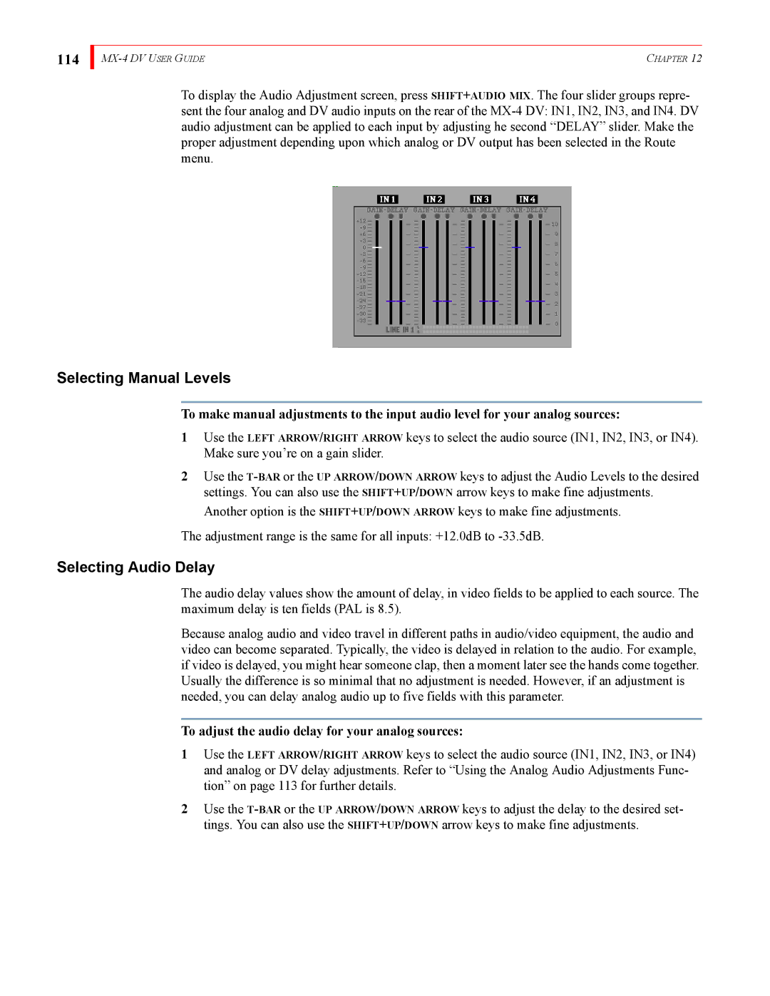 FOCUS Enhancements MX-4DV manual 114, Selecting Manual Levels, Selecting Audio Delay 