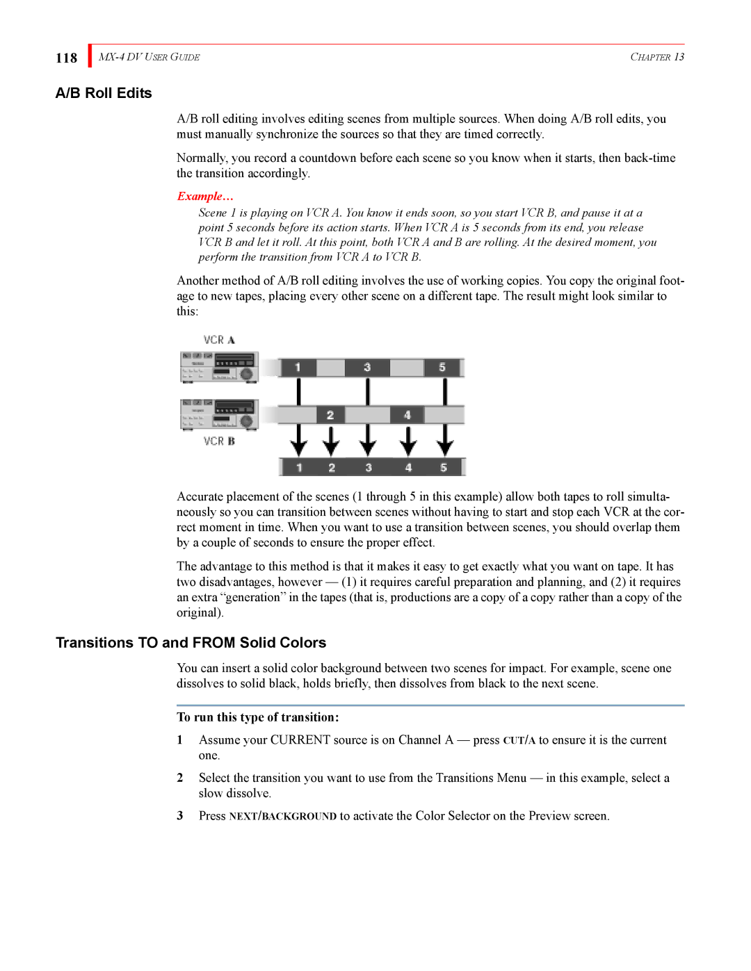 FOCUS Enhancements MX-4DV manual 118, Transitions to and from Solid Colors, To run this type of transition 