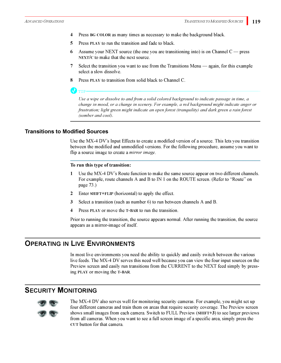 FOCUS Enhancements MX-4DV manual Operating in Live Environments, Security Monitoring, 119, Transitions to Modified Sources 