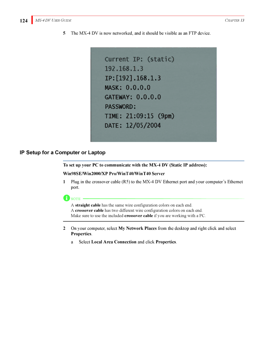 FOCUS Enhancements MX-4DV manual 124, IP Setup for a Computer or Laptop, Select Local Area Connection and click Properties 