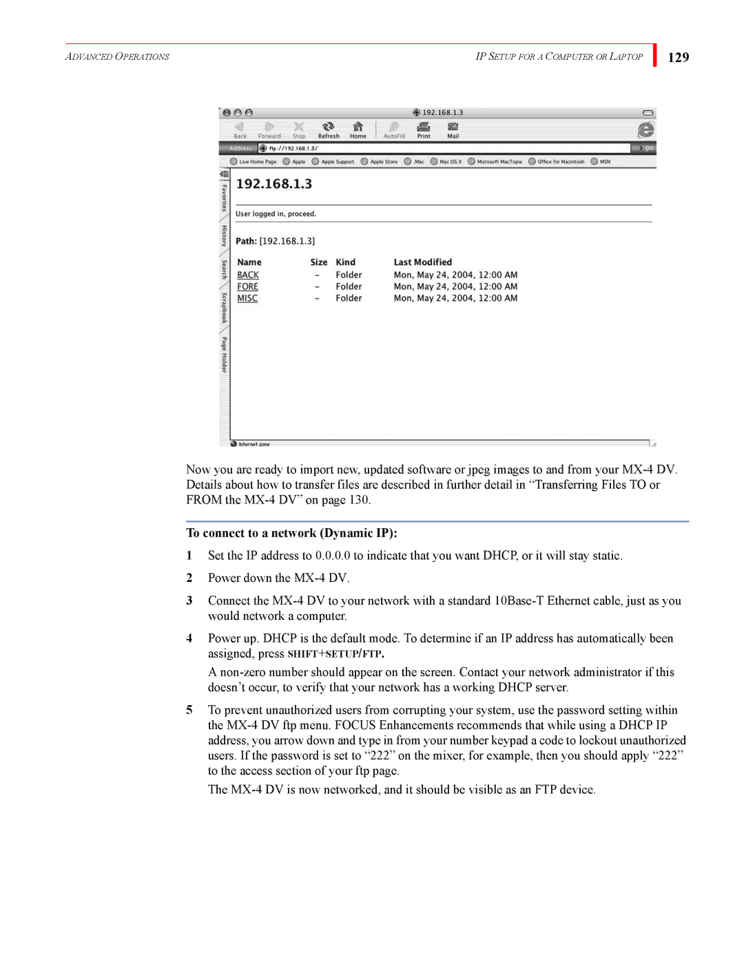 FOCUS Enhancements MX-4DV manual 129, To connect to a network Dynamic IP 