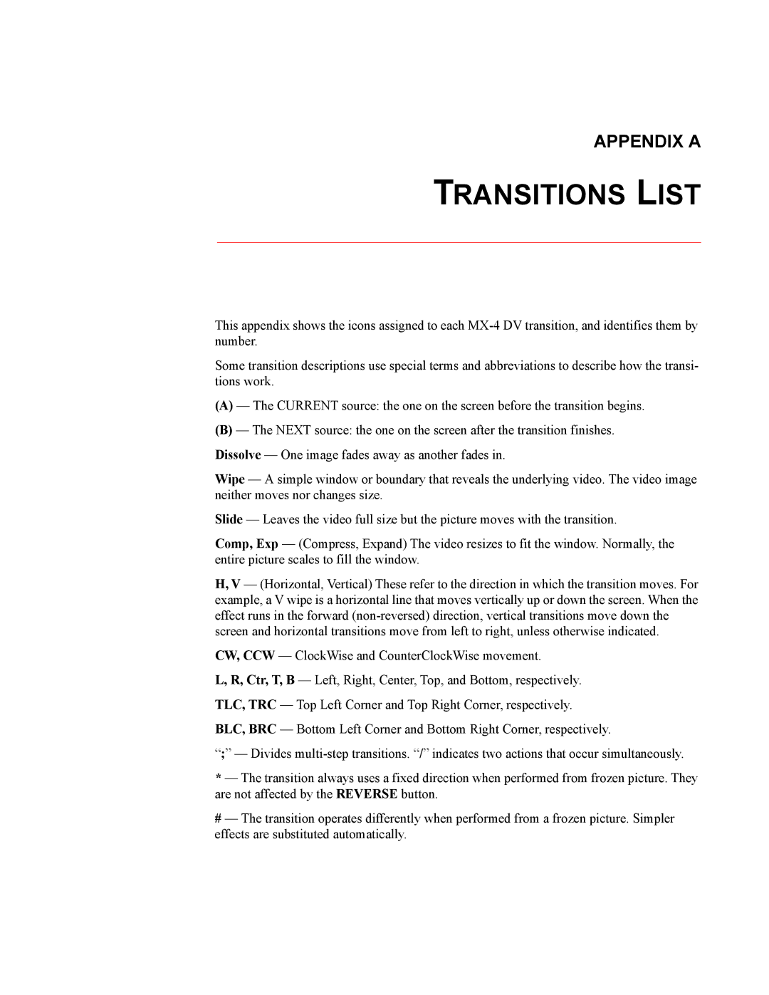 FOCUS Enhancements MX-4DV manual Transitions List 