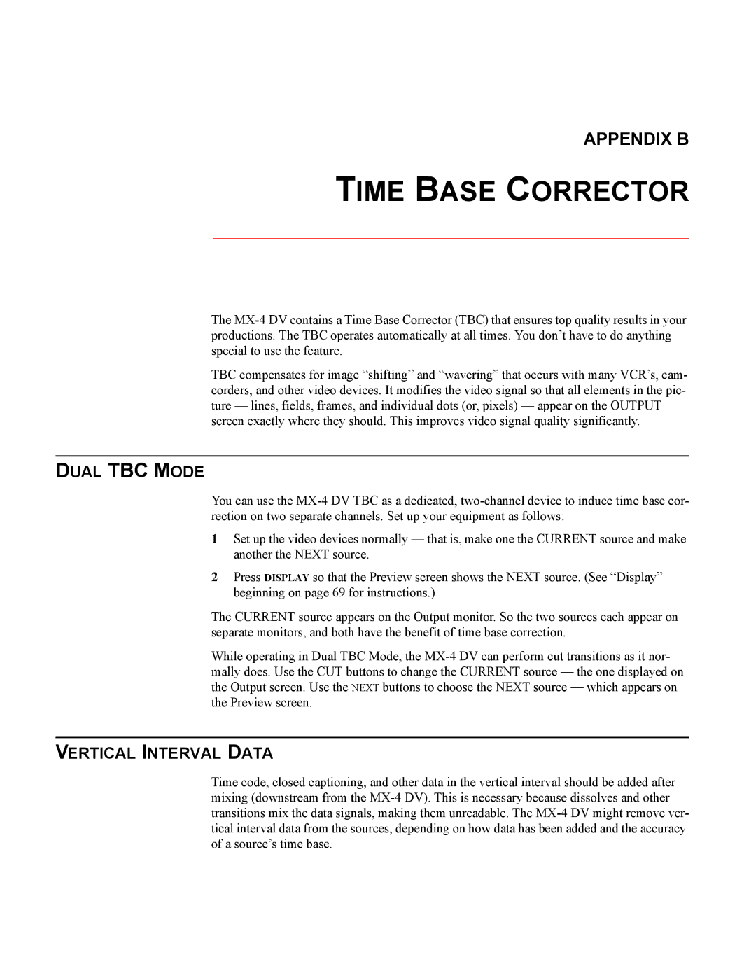 FOCUS Enhancements MX-4DV manual Time Base Corrector, Dual TBC Mode, Vertical Interval Data 