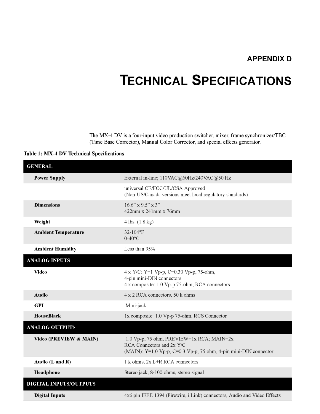 FOCUS Enhancements MX-4DV manual MX-4 DV Technical Specifications 