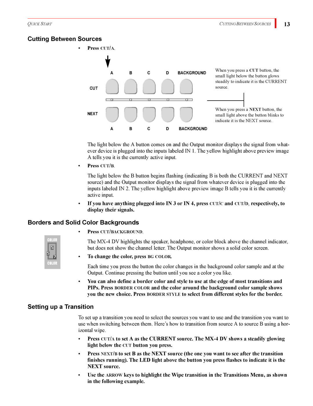 FOCUS Enhancements MX-4DV manual Cutting Between Sources, Borders and Solid Color Backgrounds, Setting up a Transition 