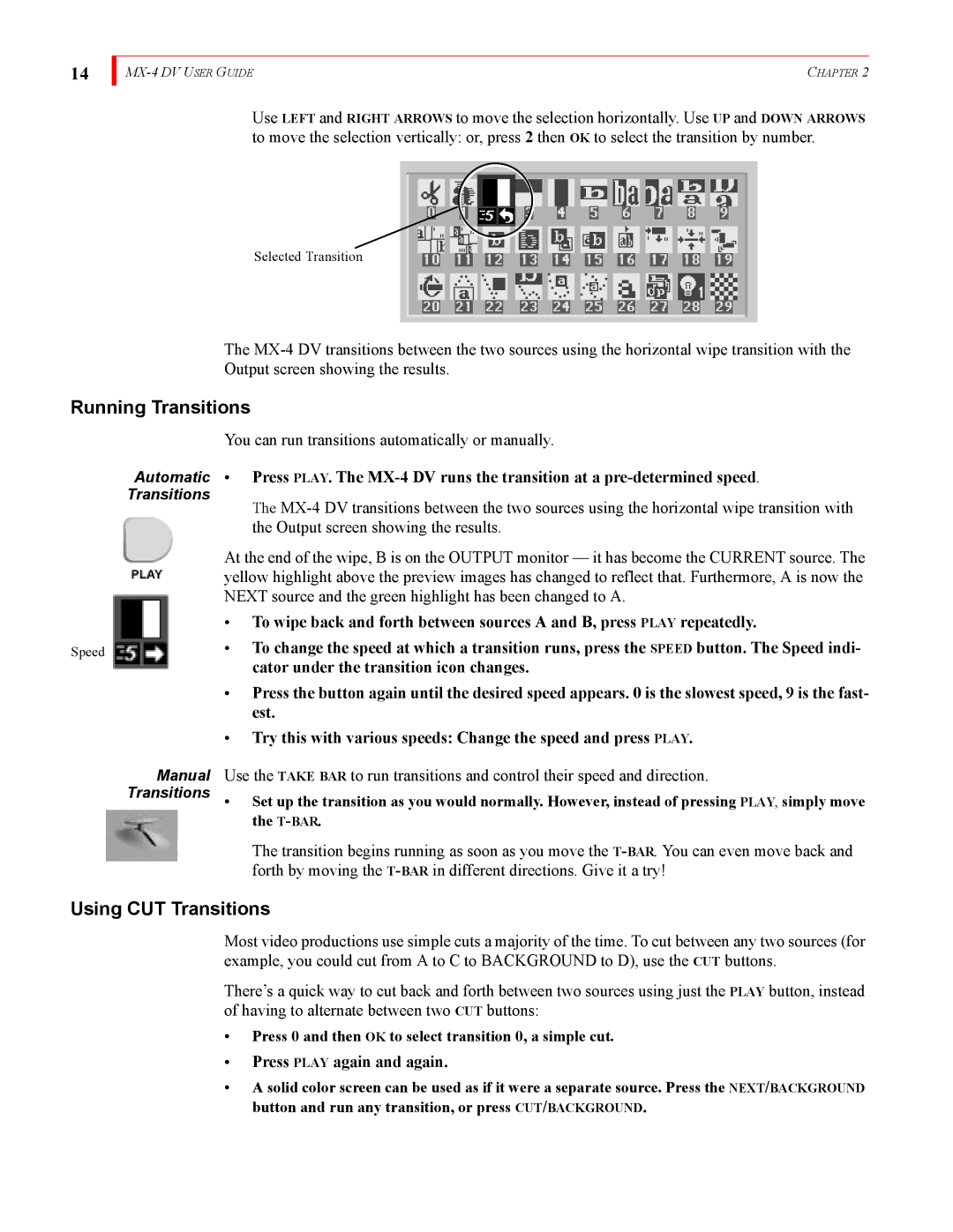 FOCUS Enhancements MX-4DV manual Running Transitions, Using CUT Transitions 