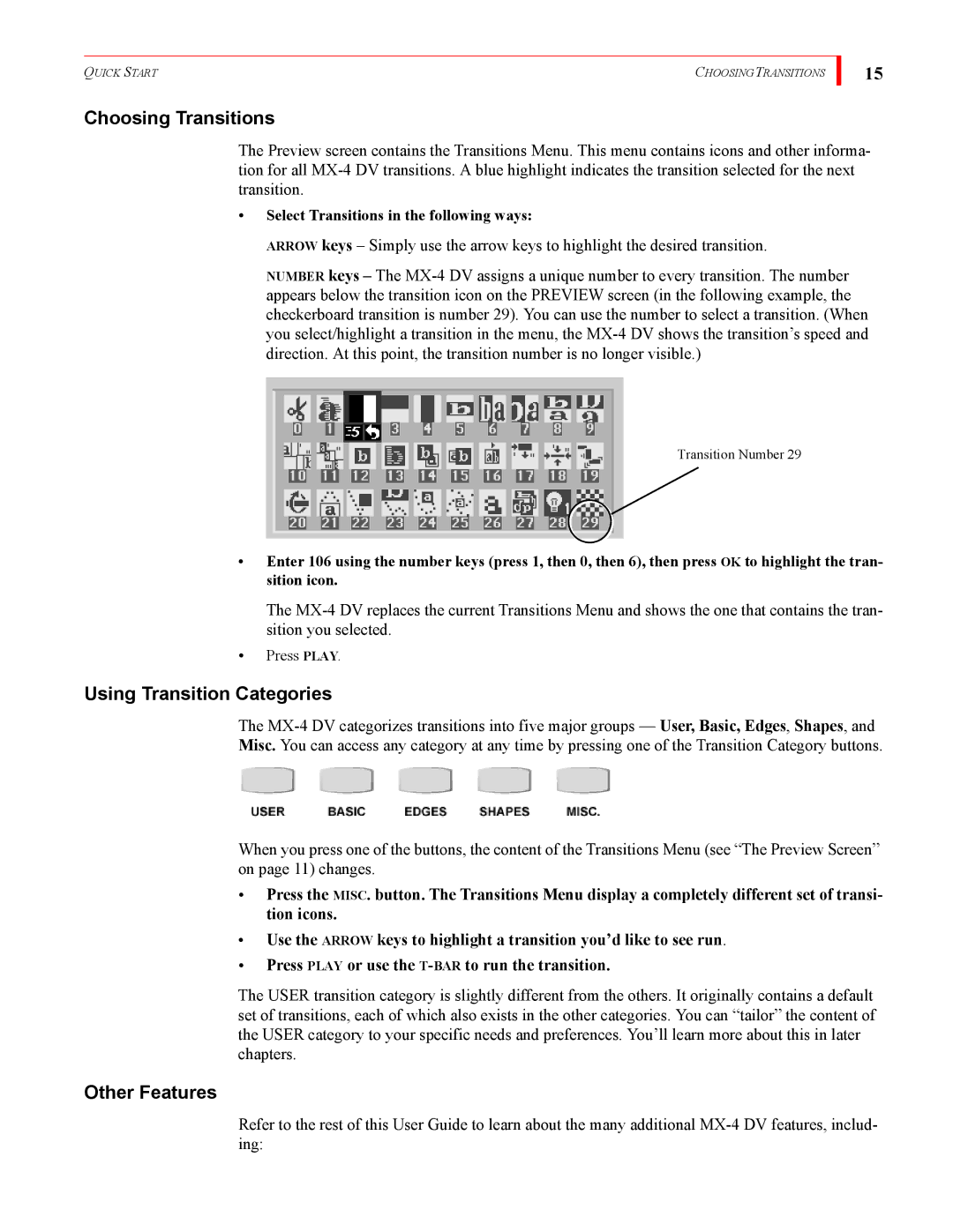 FOCUS Enhancements MX-4DV manual Choosing Transitions, Using Transition Categories, Other Features 