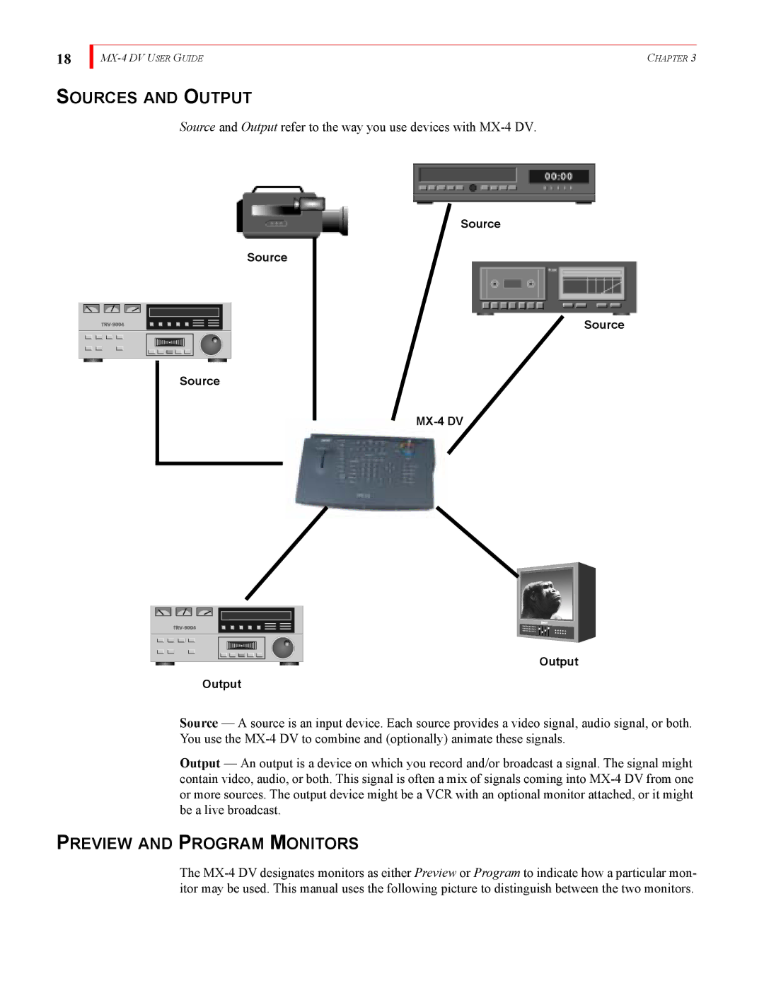 FOCUS Enhancements MX-4DV manual Sources and Output, Preview and Program Monitors 