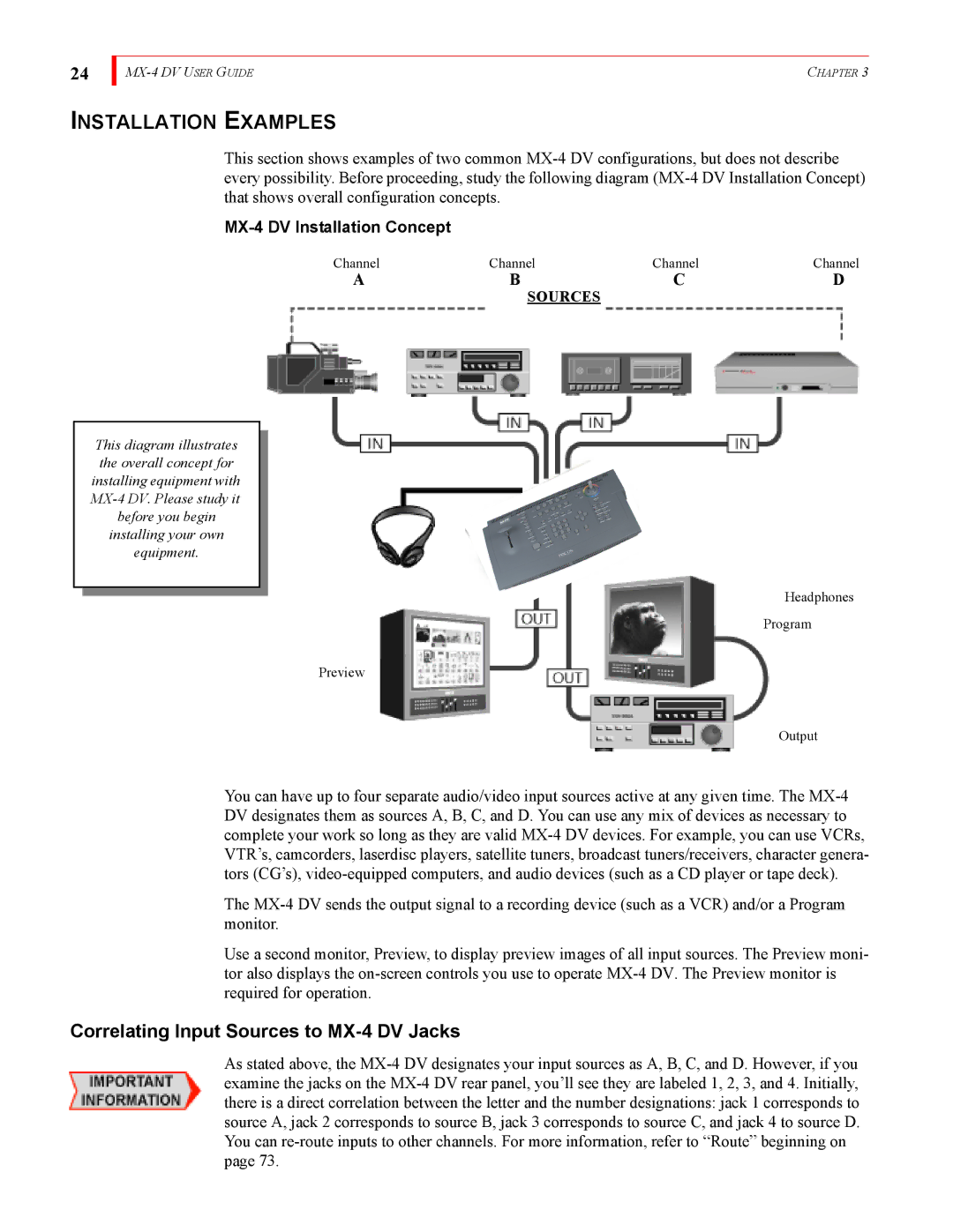 FOCUS Enhancements MX-4DV manual Installation Examples, Correlating Input Sources to MX-4 DV Jacks 