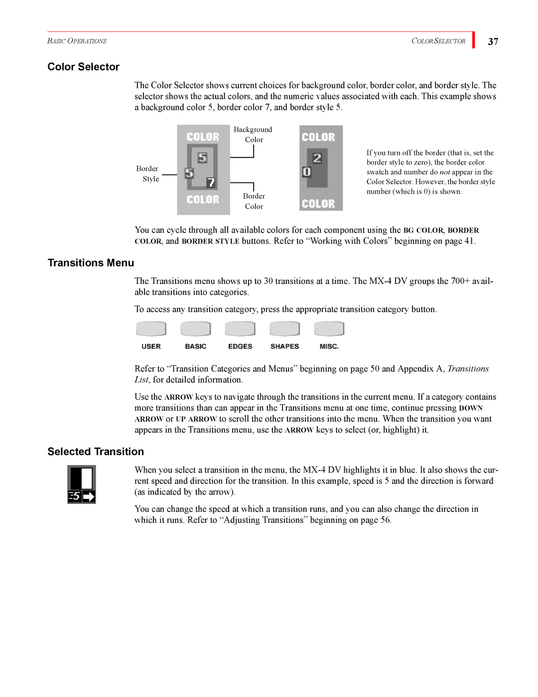 FOCUS Enhancements MX-4DV manual Color Selector, Transitions Menu, Selected Transition 