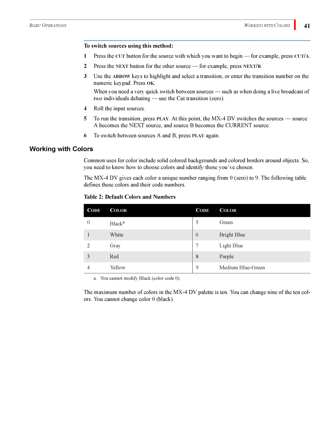 FOCUS Enhancements MX-4DV manual Working with Colors, To switch sources using this method, Default Colors and Numbers 