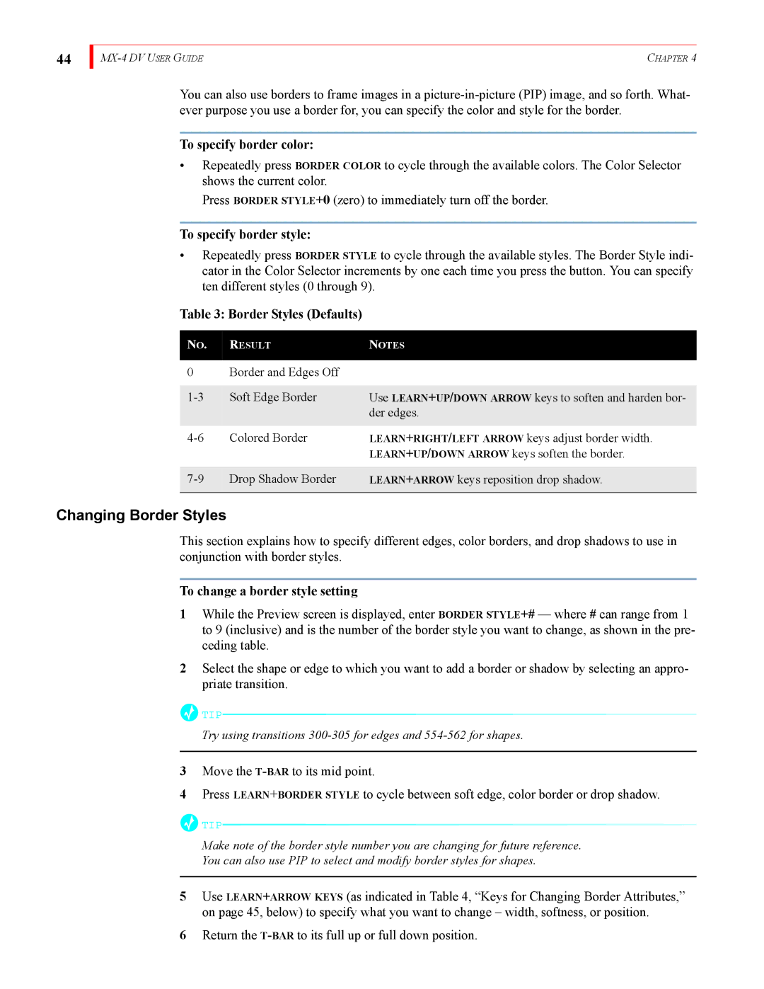 FOCUS Enhancements MX-4DV Changing Border Styles, To specify border color, To specify border style, Border Styles Defaults 