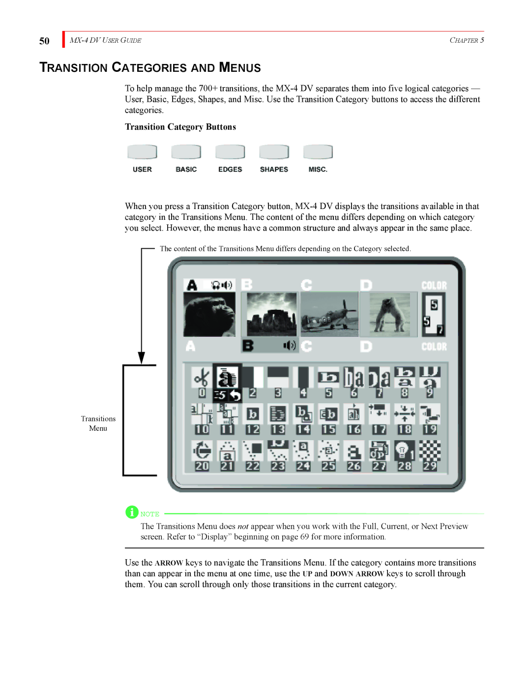 FOCUS Enhancements MX-4DV manual Transition Categories and Menus, Transition Category Buttons 