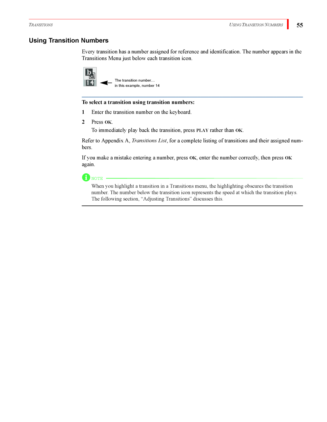 FOCUS Enhancements MX-4DV manual Using Transition Numbers, To select a transition using transition numbers 