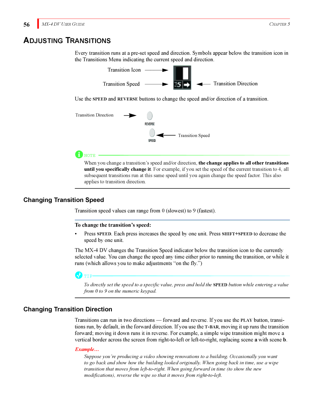 FOCUS Enhancements MX-4DV manual Adjusting Transitions, Changing Transition Speed, Changing Transition Direction 