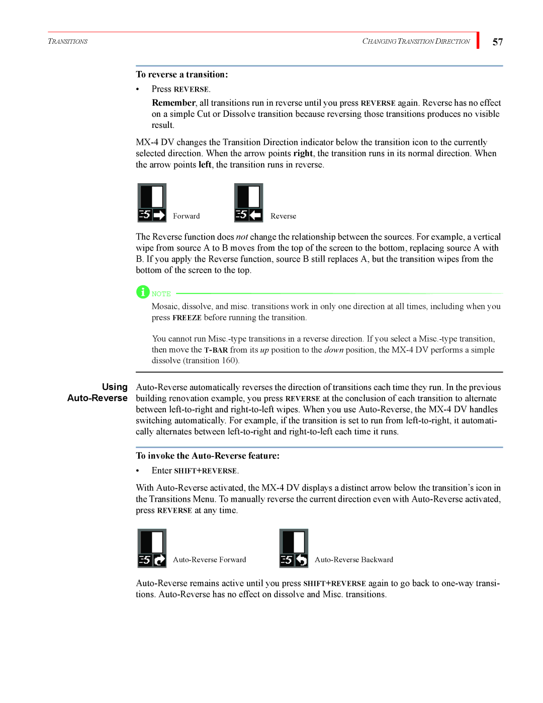 FOCUS Enhancements MX-4DV manual To reverse a transition, To invoke the Auto-Reverse feature 