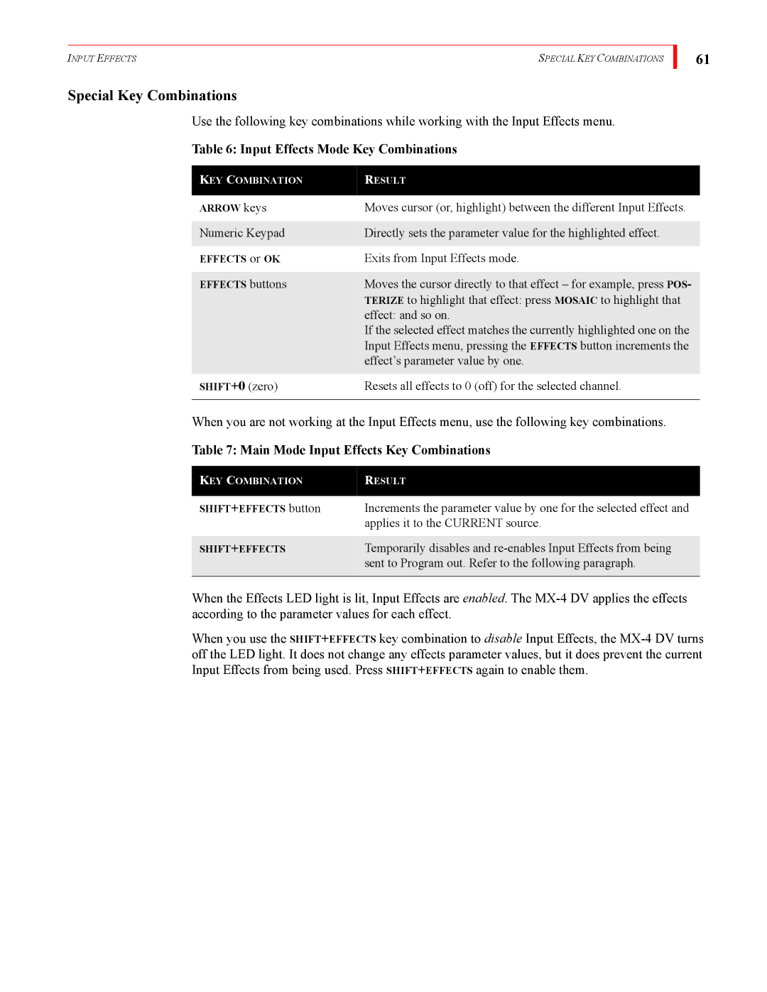 FOCUS Enhancements MX-4DV manual Special Key Combinations, Input Effects Mode Key Combinations 