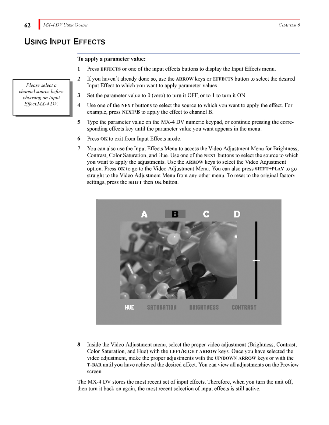 FOCUS Enhancements MX-4DV manual Using Input Effects, To apply a parameter value 