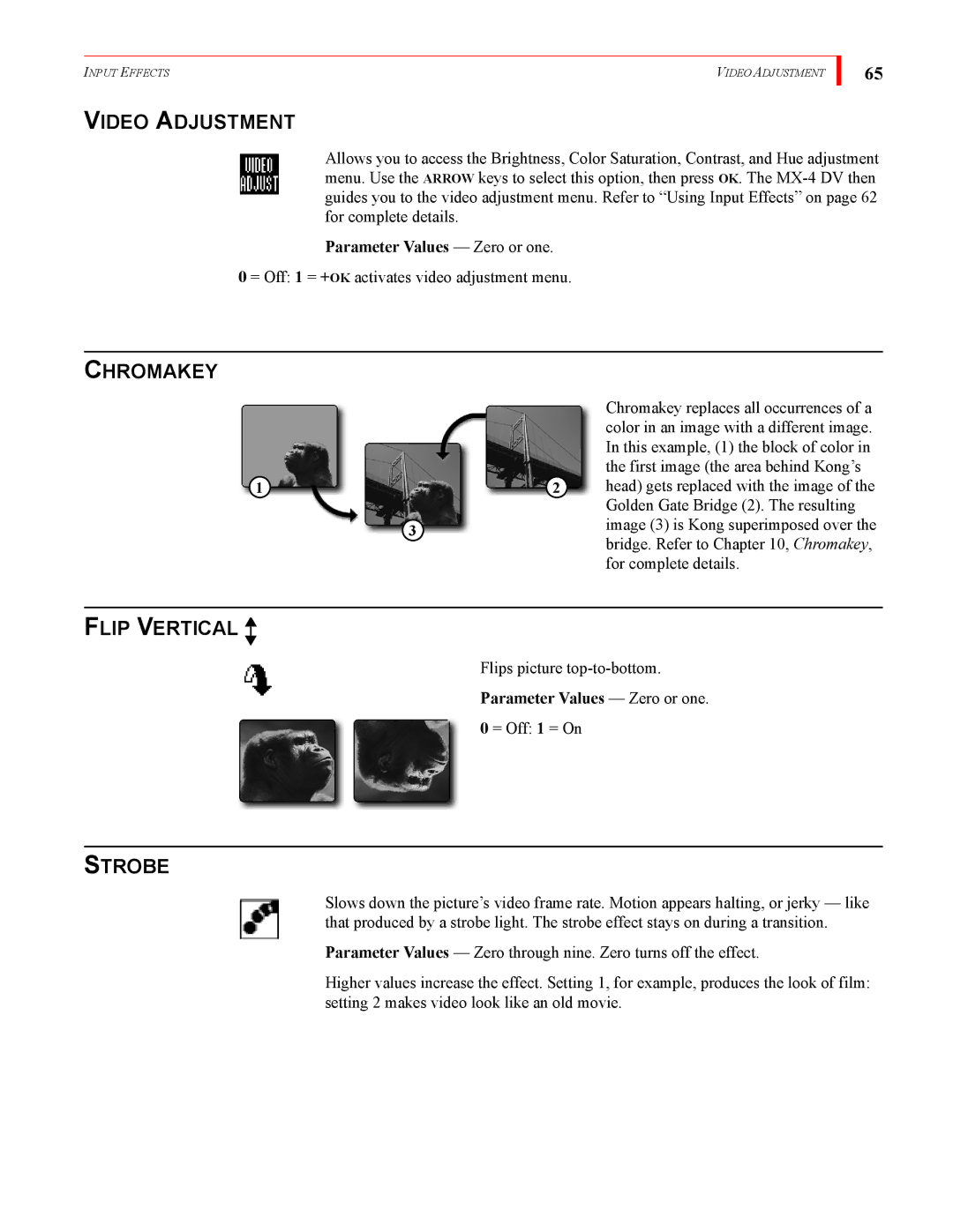 FOCUS Enhancements MX-4DV manual Video Adjustment, Chromakey, Flip Vertical, Strobe 