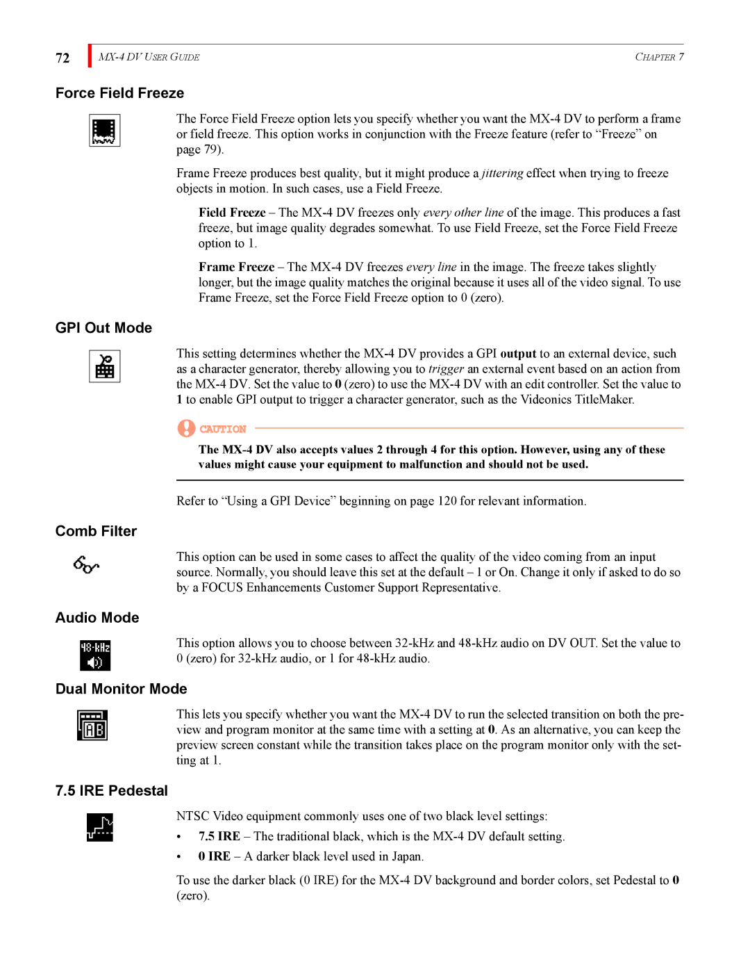 FOCUS Enhancements MX-4DV manual Force Field Freeze, GPI Out Mode, Comb Filter, Audio Mode, Dual Monitor Mode, IRE Pedestal 