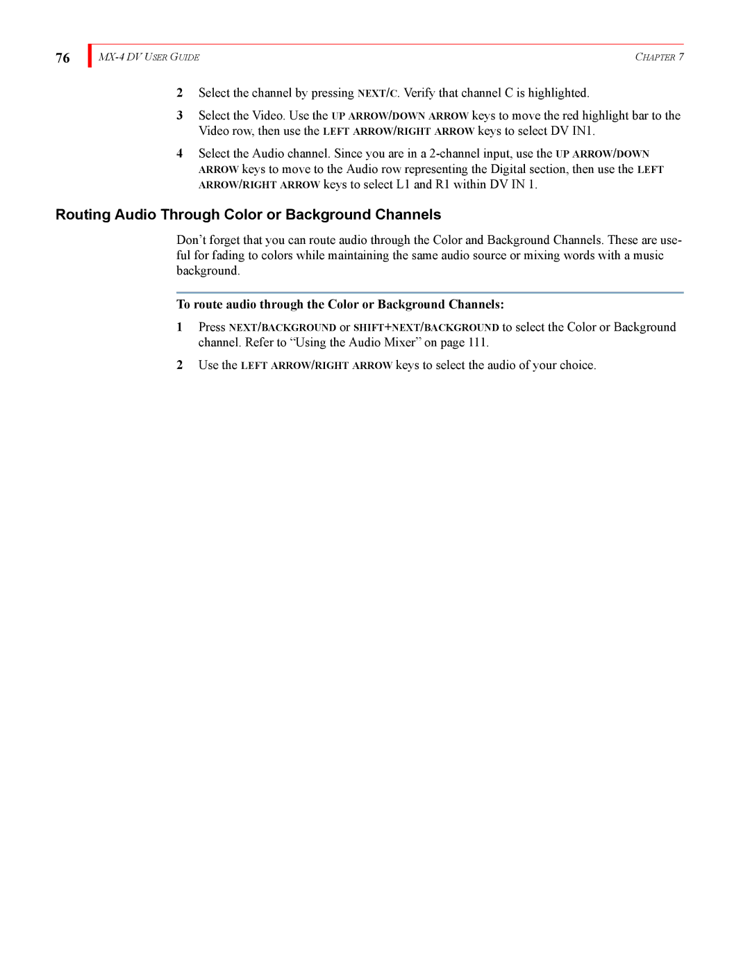 FOCUS Enhancements MX-4DV manual Routing Audio Through Color or Background Channels 