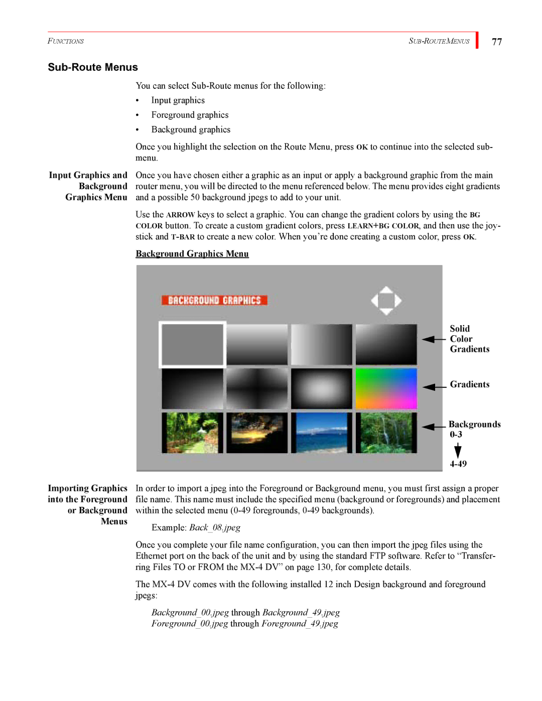 FOCUS Enhancements MX-4DV manual Sub-Route Menus, Background Graphics Menu Solid Color Gradients Backgrounds 