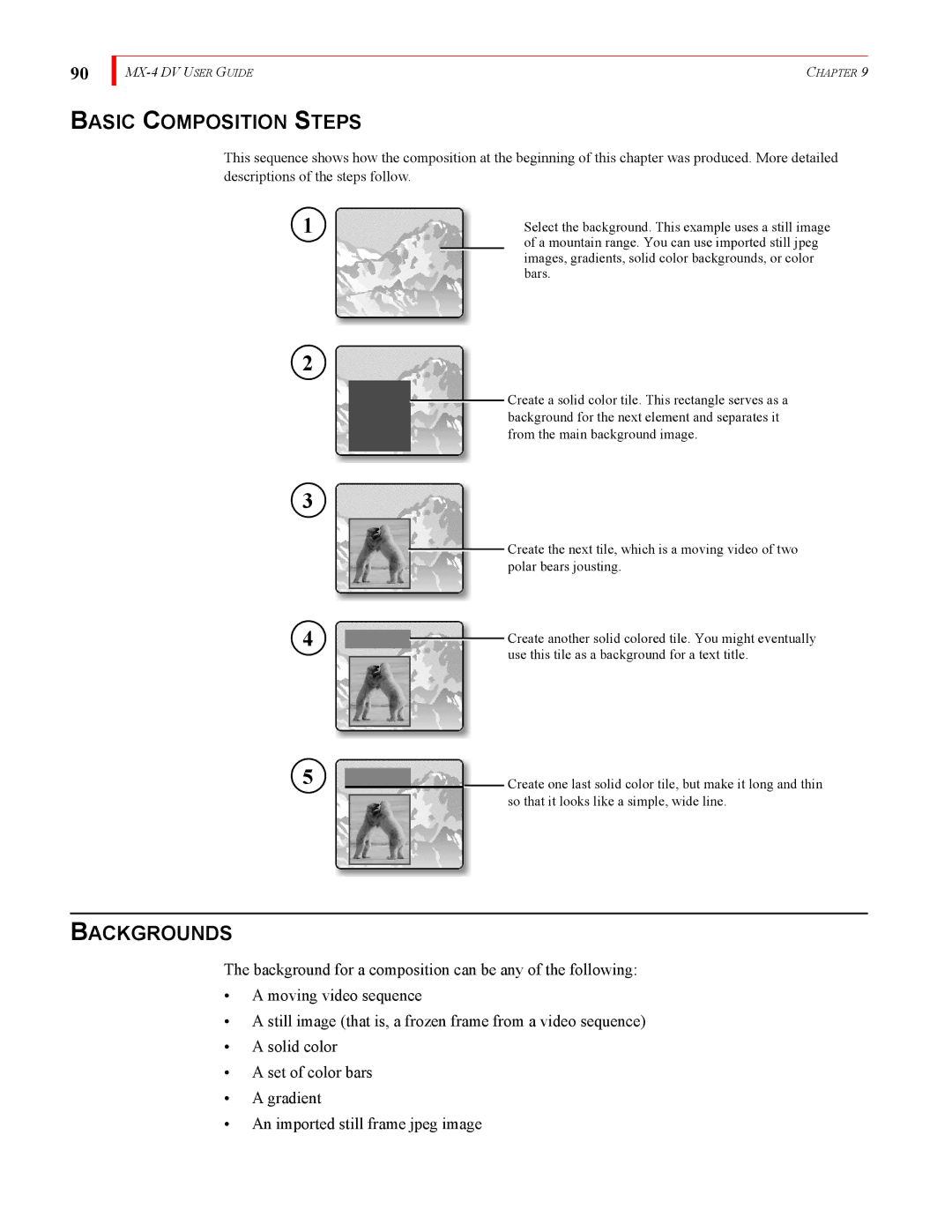 FOCUS Enhancements MX-4DV manual Basic Composition Steps, Backgrounds 