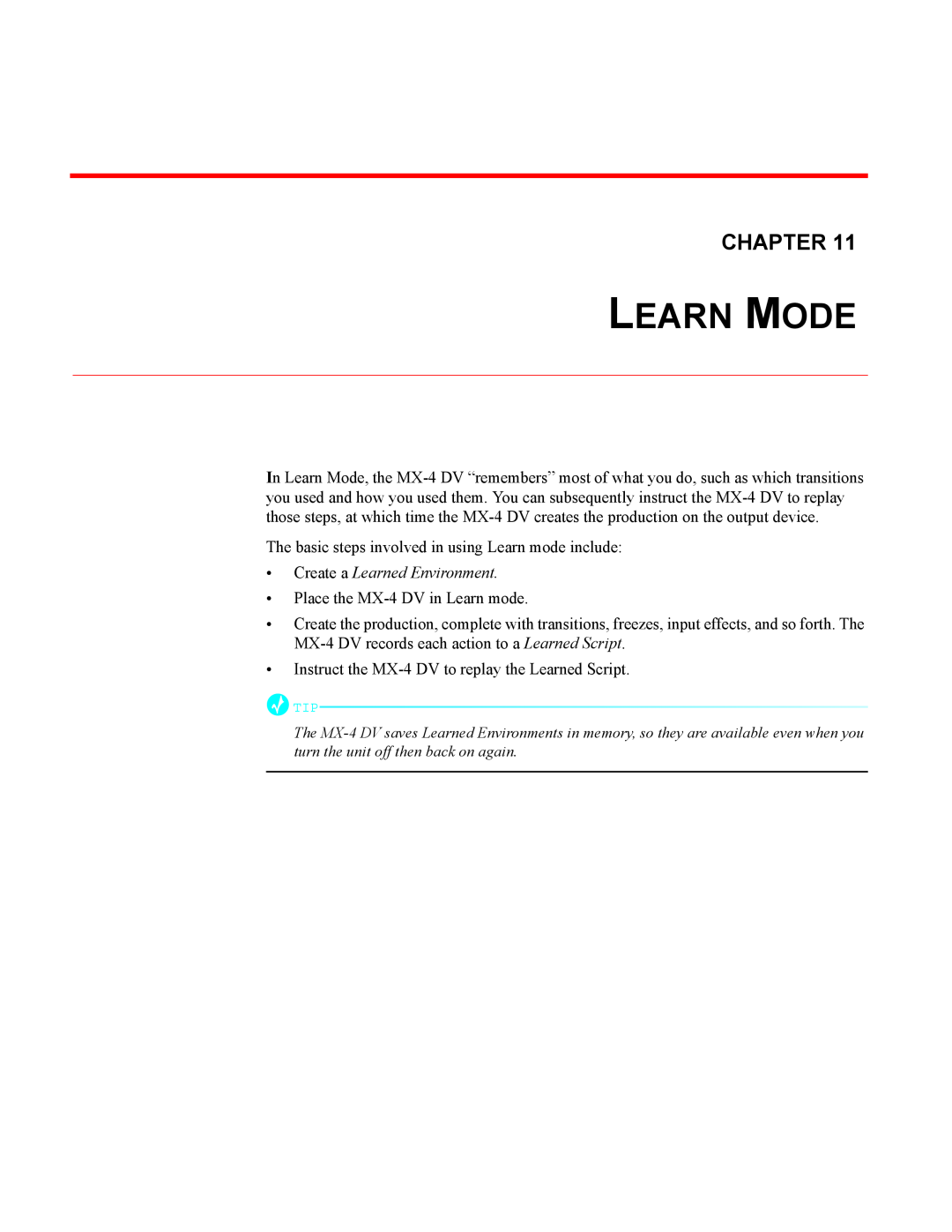 FOCUS Enhancements MX-4DV manual Learn Mode, Create a Learned Environment, Chapter 