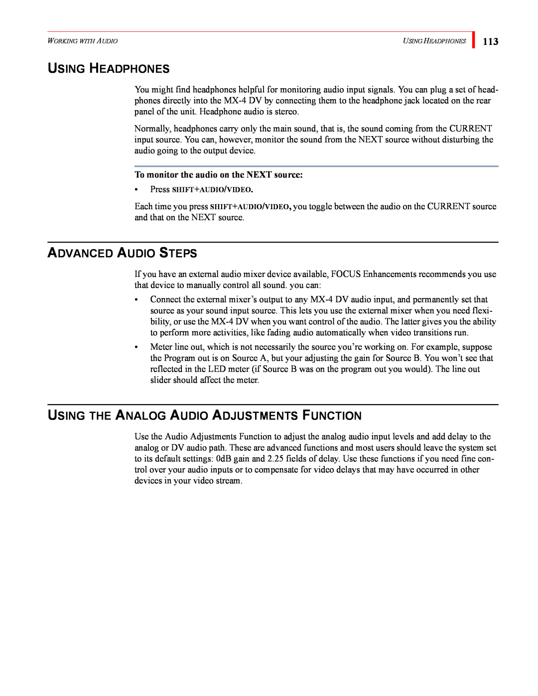 FOCUS Enhancements MX-4DV manual Using Headphones, Advanced Audio Steps, Using The Analog Audio Adjustments Function 