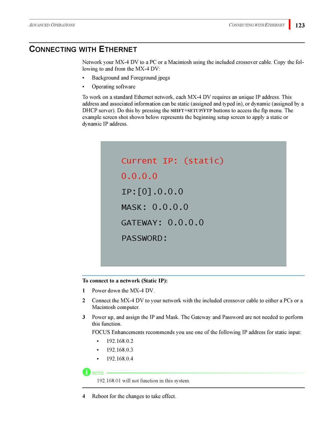 FOCUS Enhancements MX-4DV manual Connecting With Ethernet, To connect to a network Static IP 