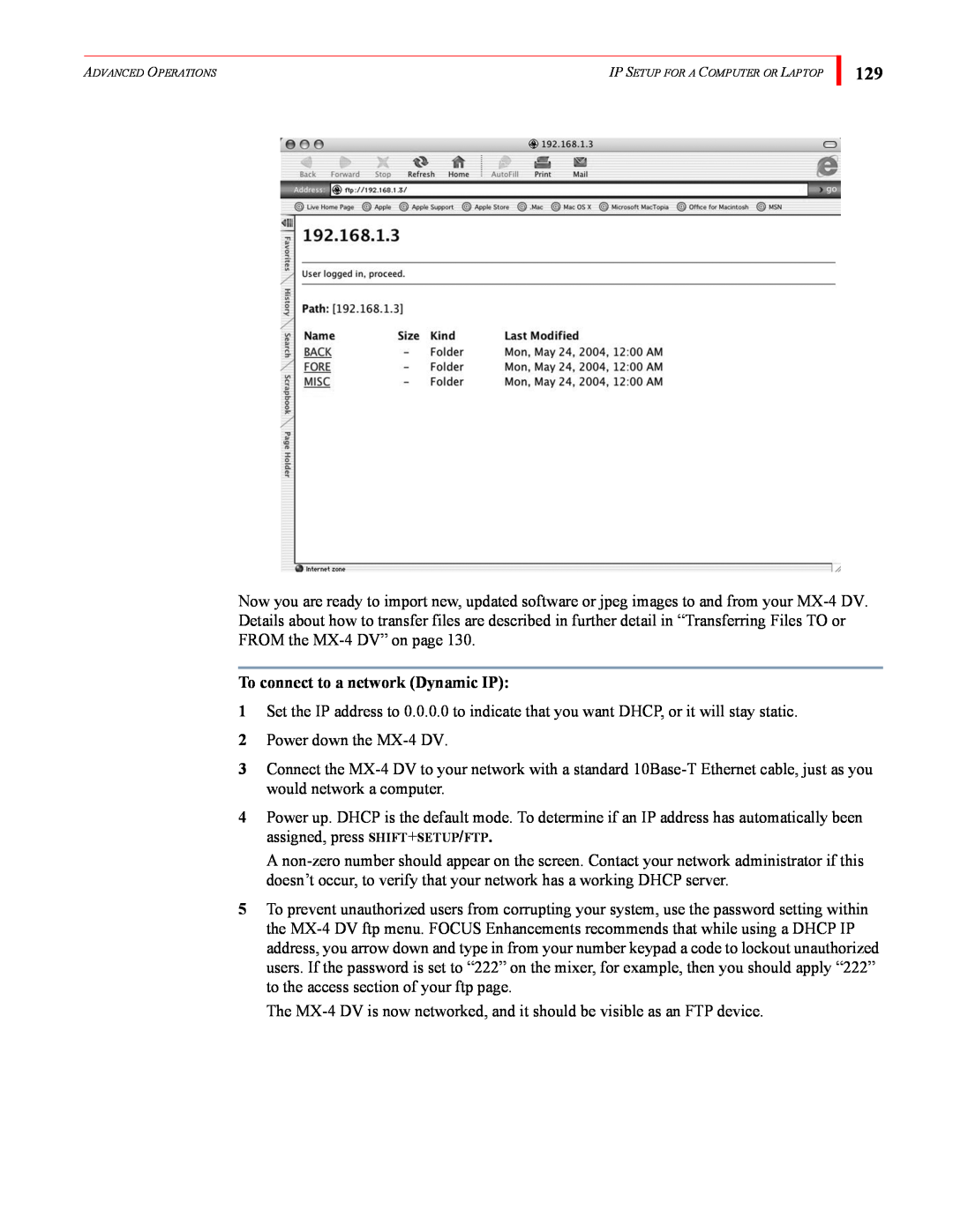 FOCUS Enhancements MX-4DV manual To connect to a network Dynamic IP 