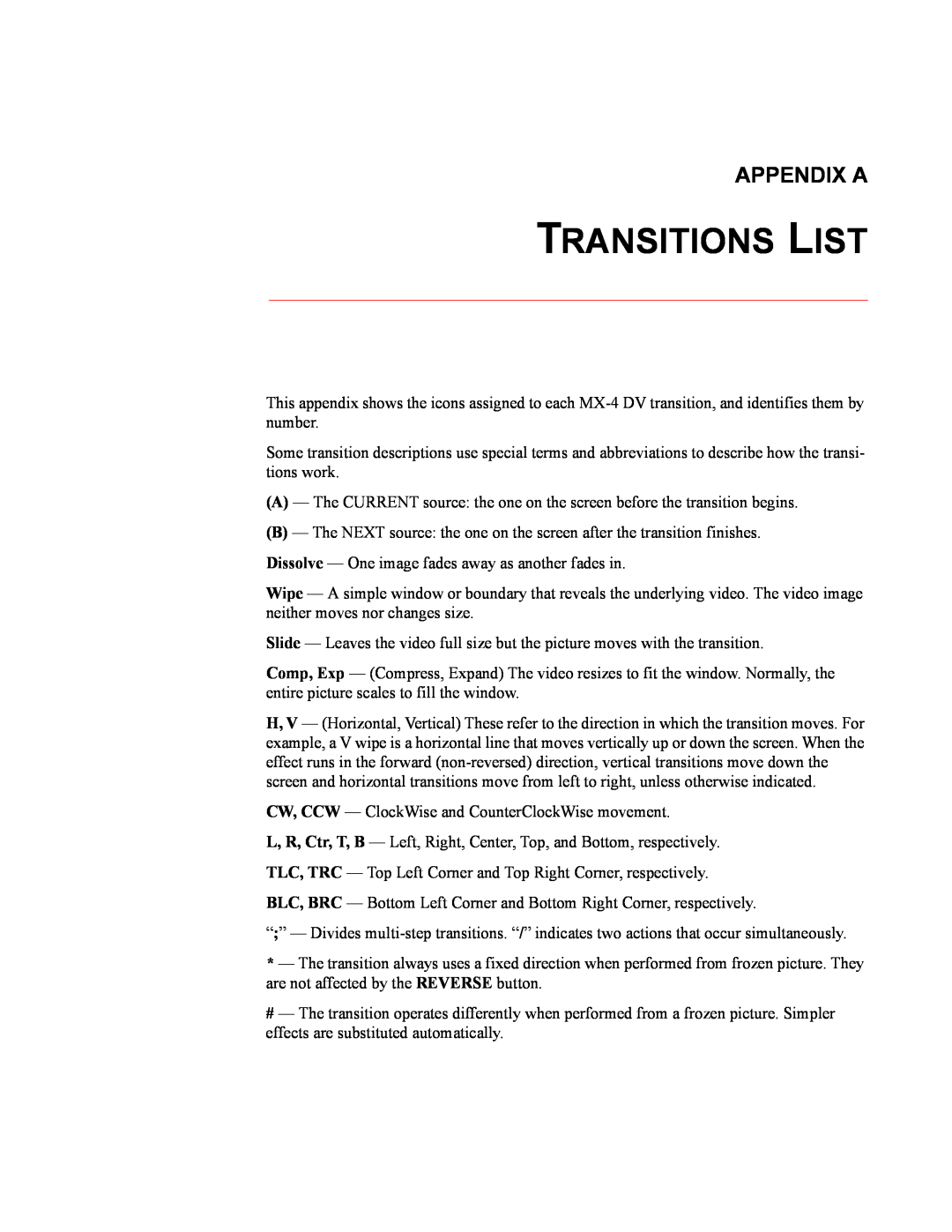 FOCUS Enhancements MX-4DV manual Transitions List, Appendix A 