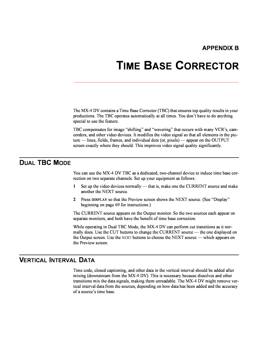 FOCUS Enhancements MX-4DV manual Time Base Corrector, Appendix B, Dual Tbc Mode, Vertical Interval Data 