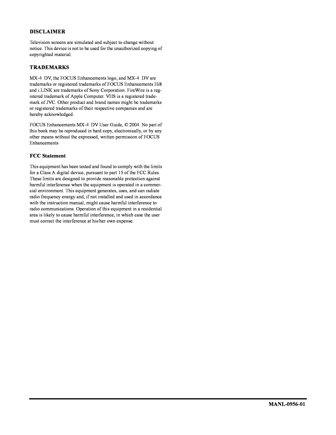 FOCUS Enhancements MX-4DV manual Disclaimer, Trademarks, FCC Statement, MANL-0956-01 