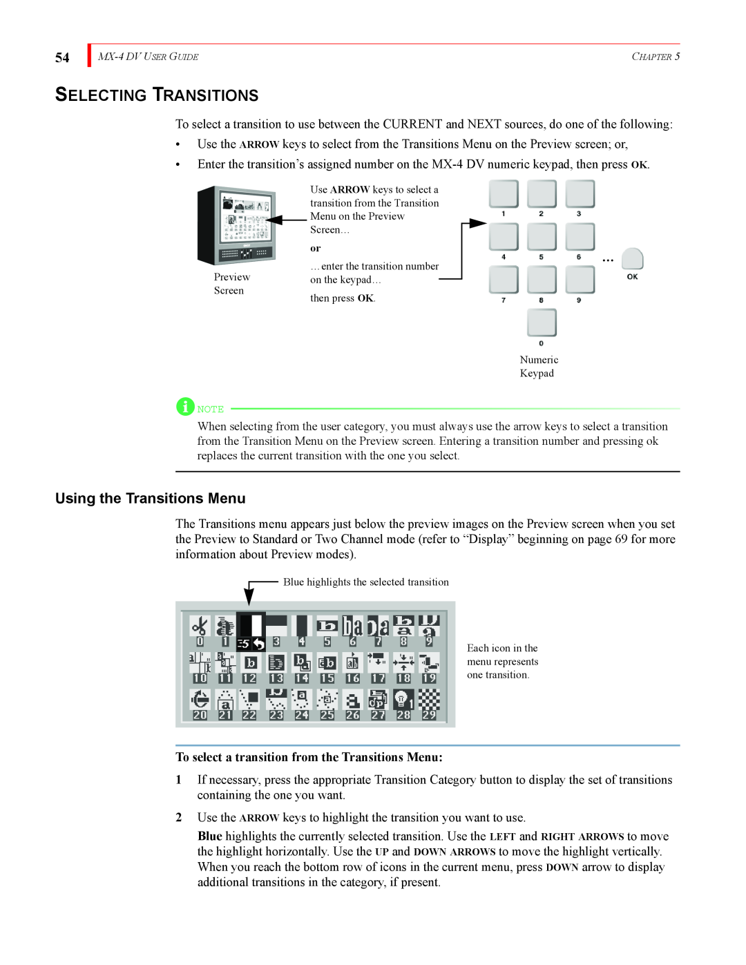 FOCUS Enhancements MX-4DV manual Selecting Transitions, Using the Transitions Menu 