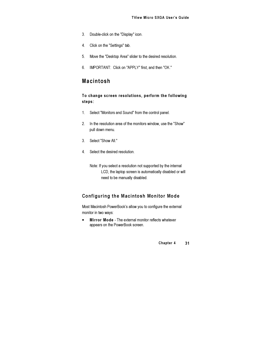 FOCUS Enhancements SXGA manual Macintosh, To change screen resolutions, perform the following steps 