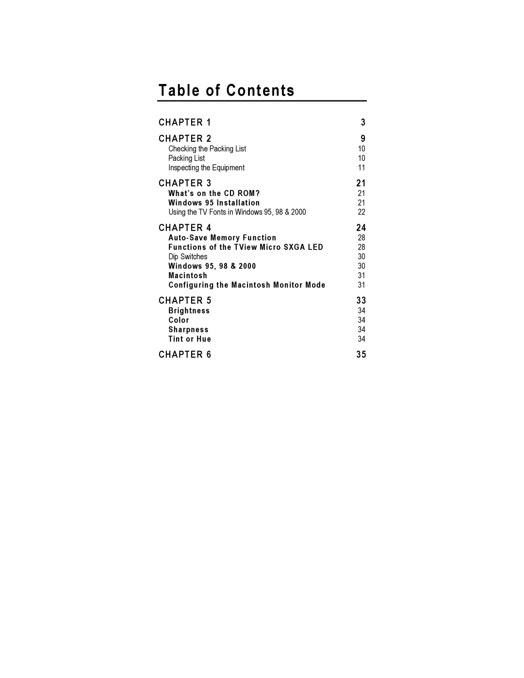 FOCUS Enhancements SXGA manual Table of Contents 