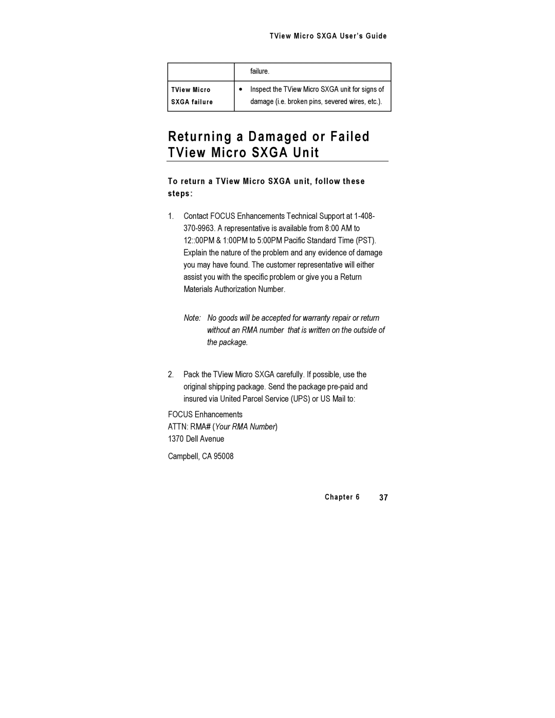 FOCUS Enhancements SXGA manual Returning a Damaged or Failed TView Micro Sxga Unit 