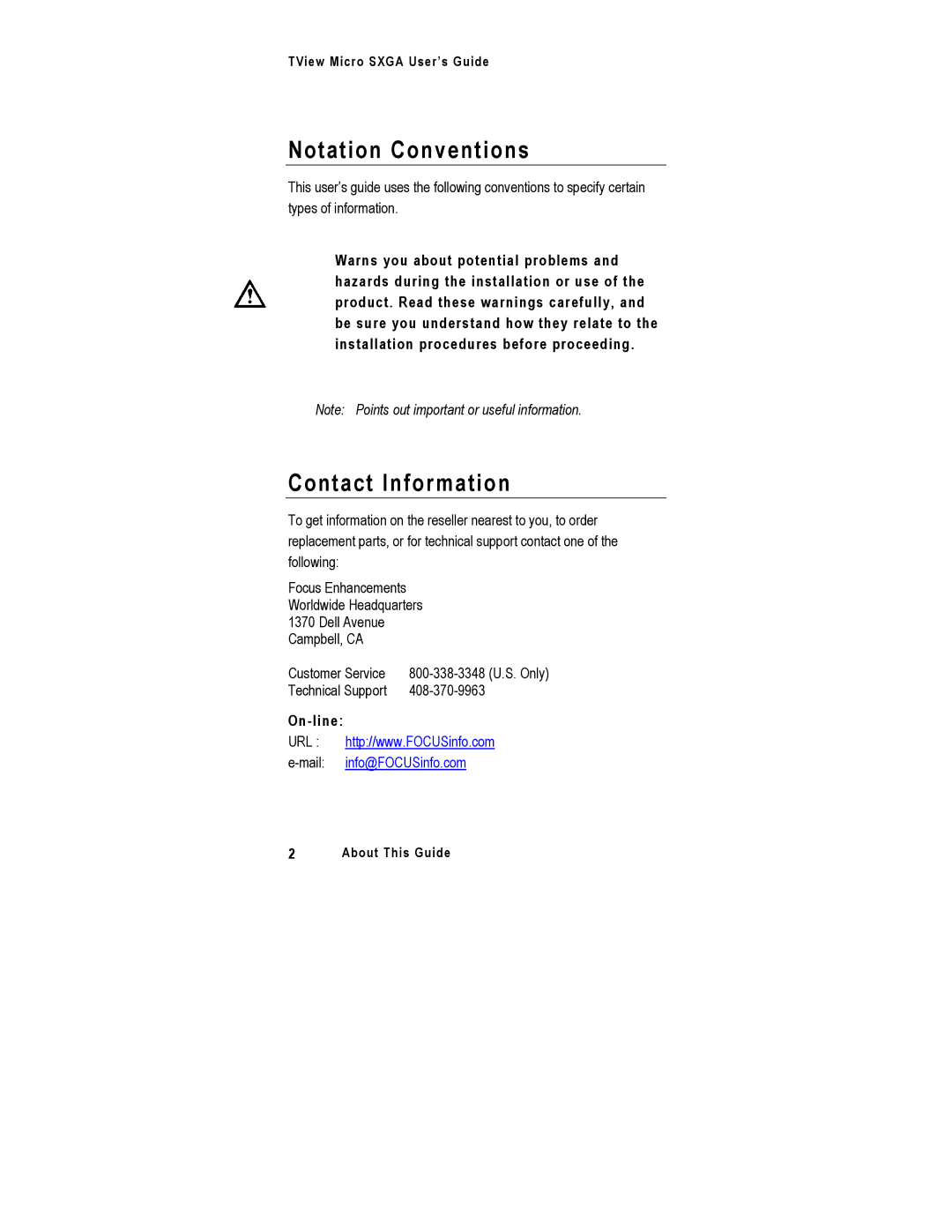 FOCUS Enhancements SXGA manual Notation Conventions, Contact Information, On-line 