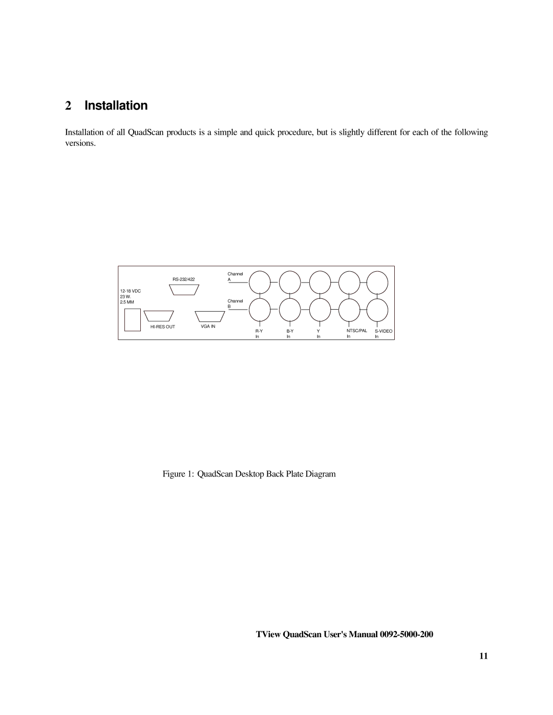 FOCUS Enhancements TView Quad Scan Manual user manual Installation, QuadScan Desktop Back Plate Diagram 