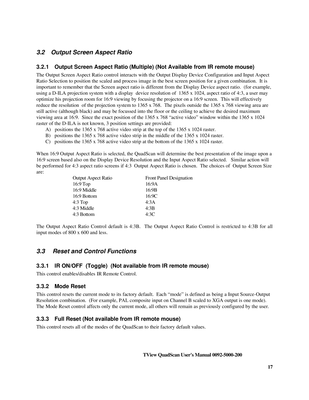 FOCUS Enhancements TView Quad Scan Manual user manual Output Screen Aspect Ratio, Reset and Control Functions, Mode Reset 