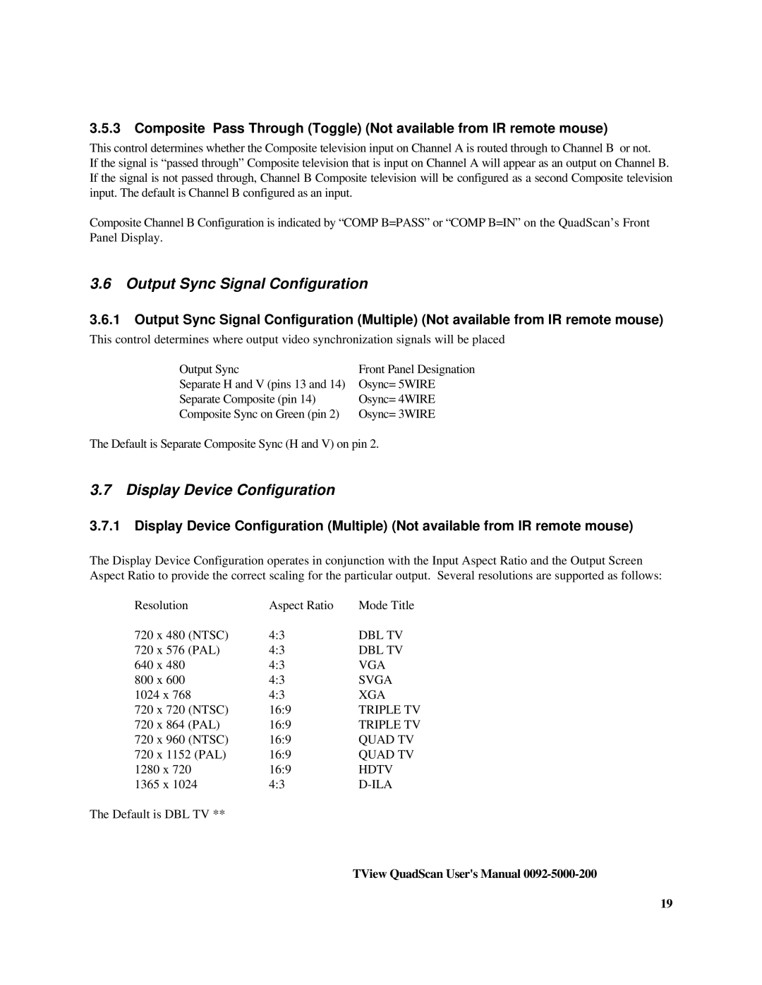 FOCUS Enhancements TView Quad Scan Manual user manual Output Sync Signal Configuration, Display Device Configuration 