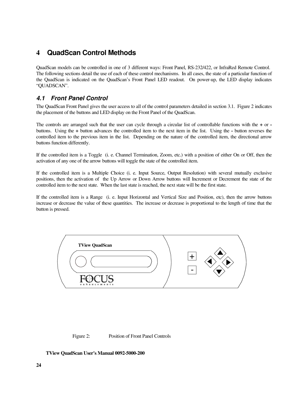 FOCUS Enhancements TView Quad Scan Manual user manual QuadScan Control Methods, Front Panel Control 