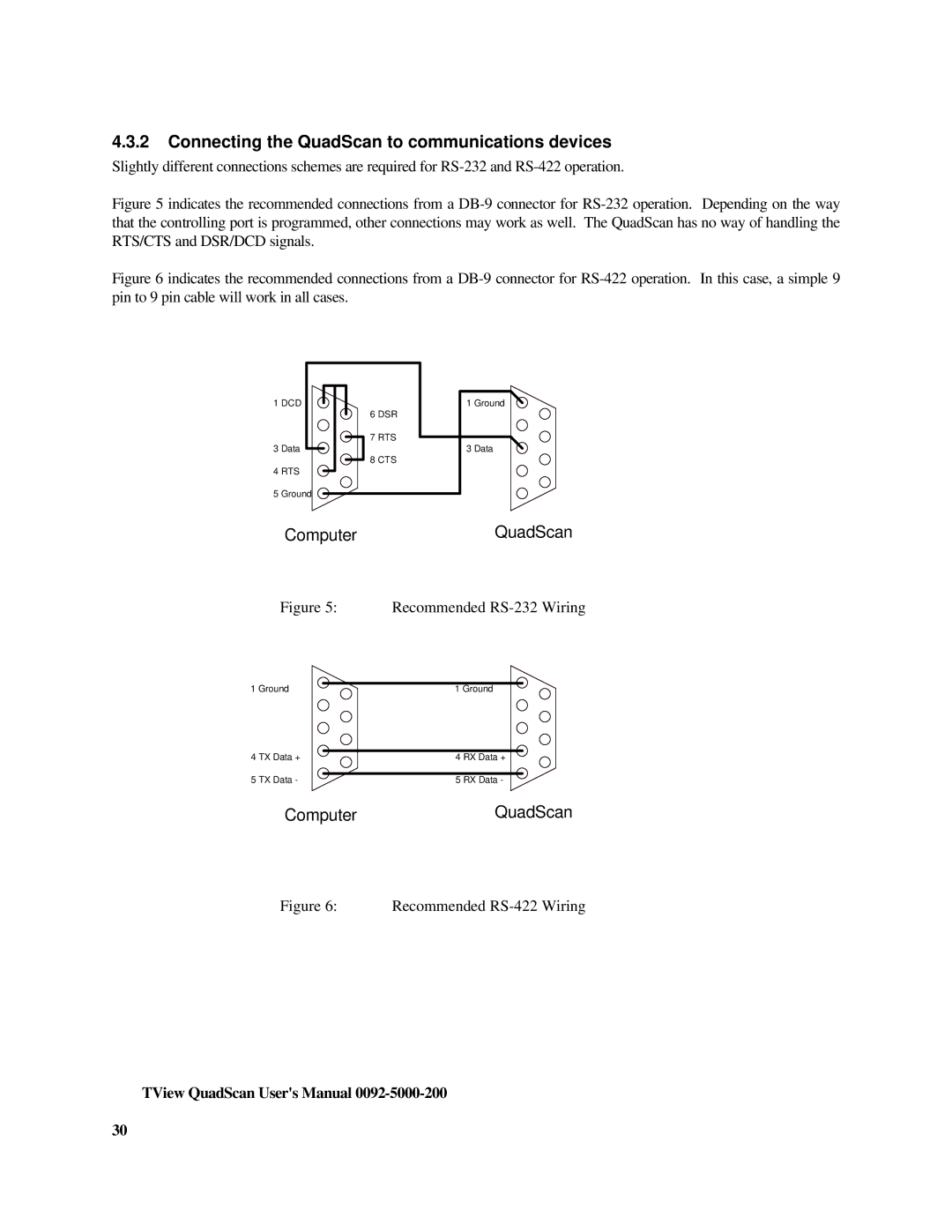 FOCUS Enhancements TView Quad Scan Manual Connecting the QuadScan to communications devices, Recommended RS-232 Wiring 